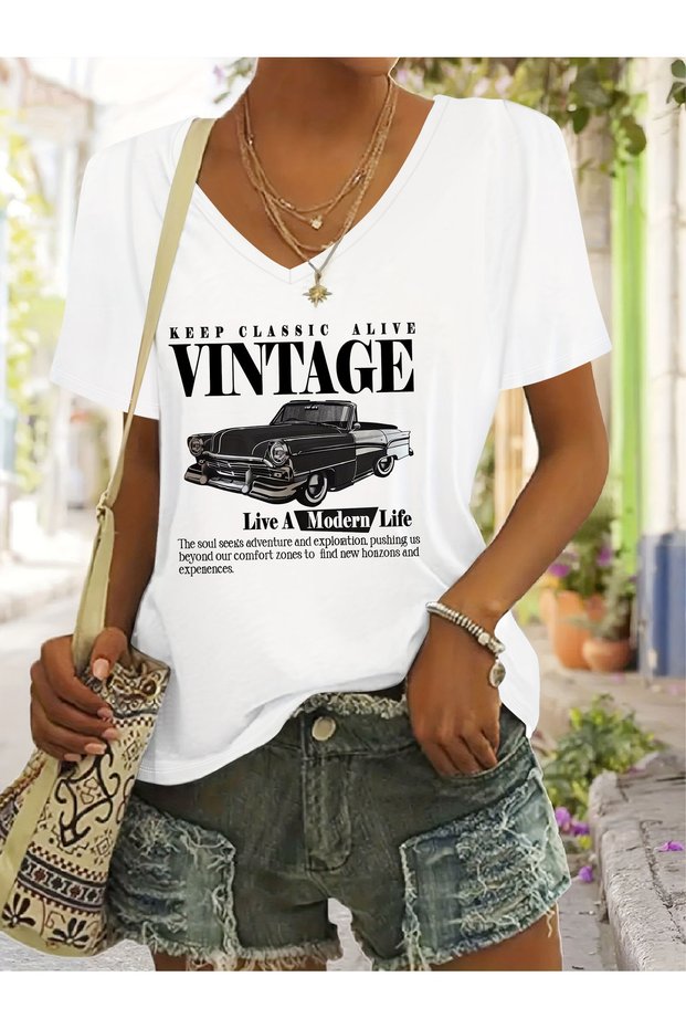 Women's Vintage Printed V-Neck Regular Fit T-Shirt with Sleeves