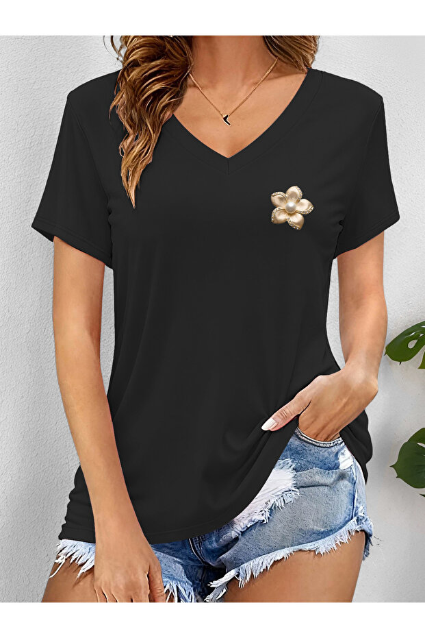 Women's Minimal Printed V-Neck Sleeved Regular Fit T-Shirt