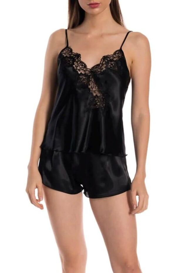Women's Satin Adjustable Strap Piece Lace Detailed Shorts Pajama Set