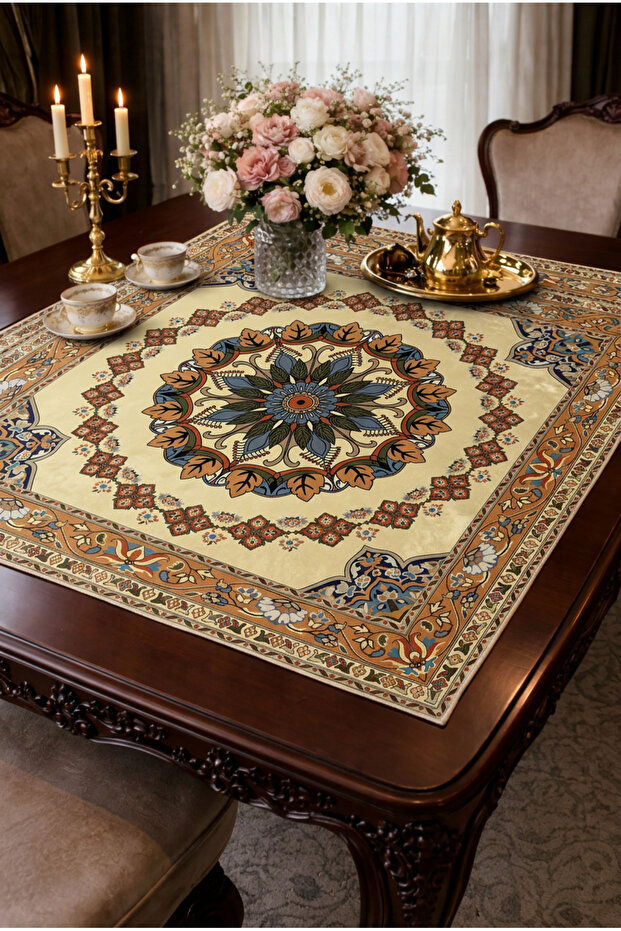 Italian K Velvet Y Washable m Tablecloth 95X95 cm Classic D Patterned Decorative Living Room Tablecloth