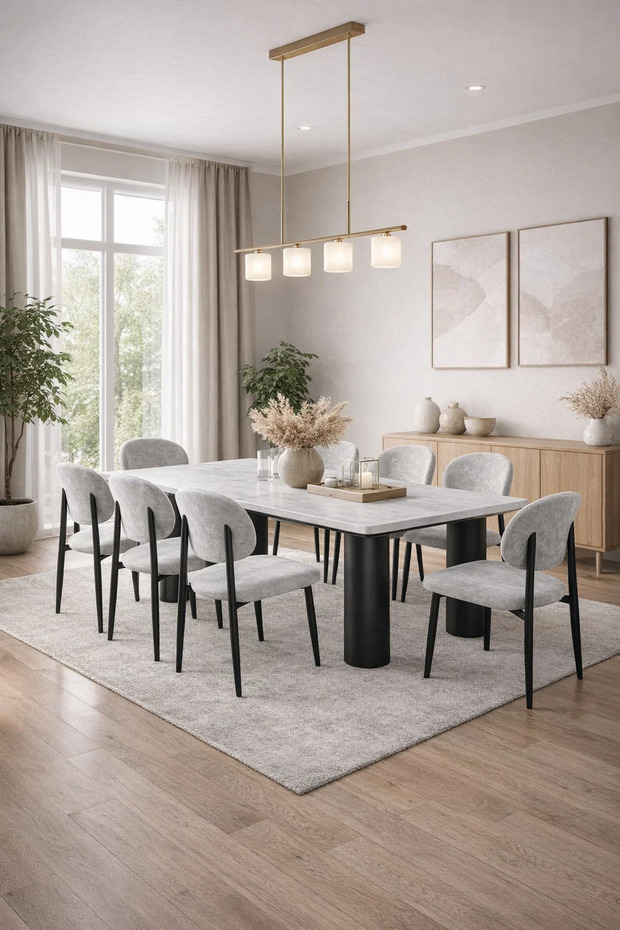 طقم طاولة طعام حديثة بسطح رخامي مع 8 كراسي مبطنة مقاس 220x100x75 سم من الرخام الحديث