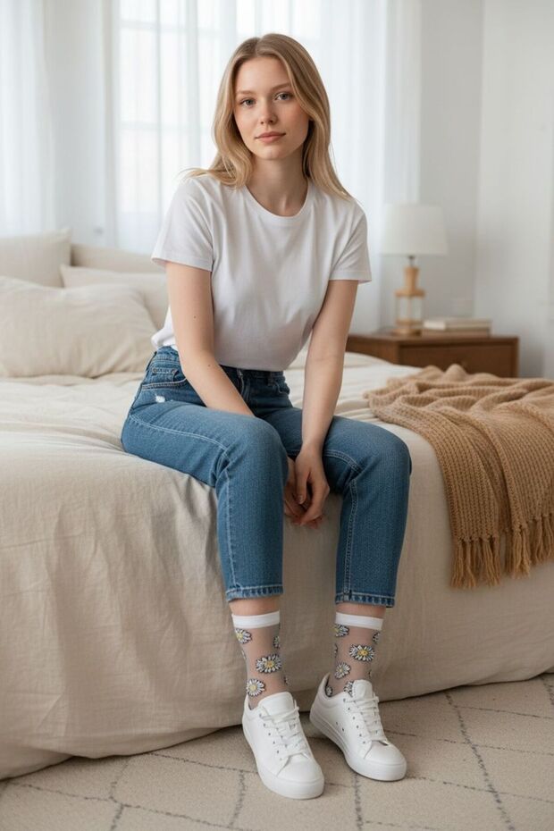 Women's Transparent Daisy Patterned t Sheer Socket Socks