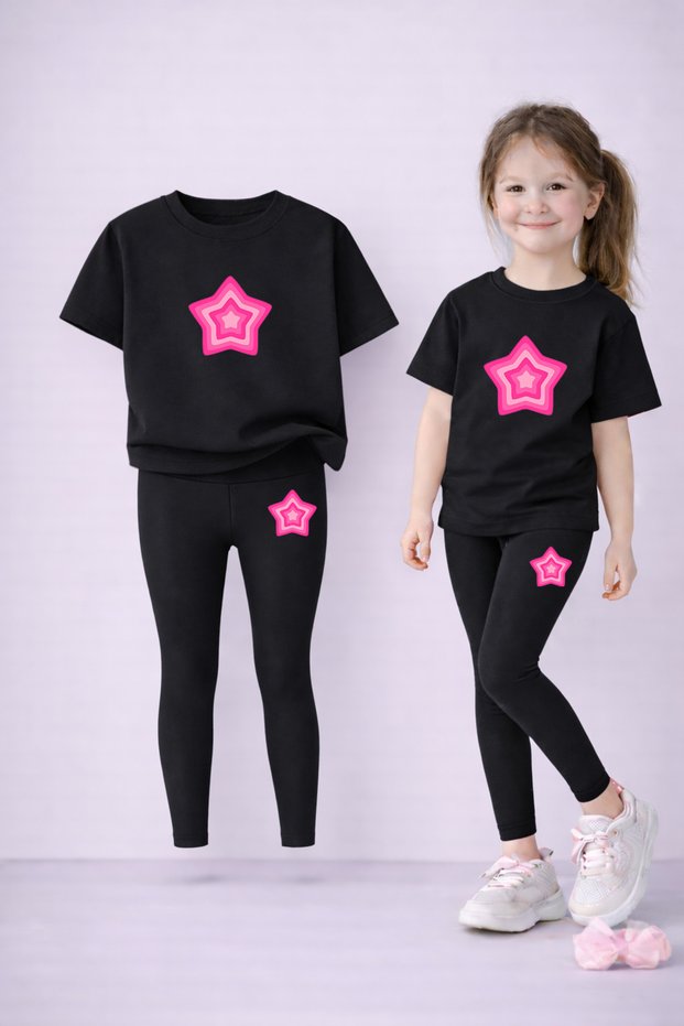 Girls' Set T-Shirt and Stretchy Leggings Set 100% Cotton Color Star Print – Casual Comfortable Sports Combination