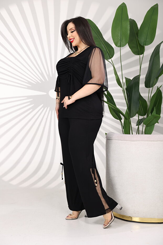 Plus Size Chest Size Ruched Tulle Sleeves Drawstring Detail Flared Two-Piece Set