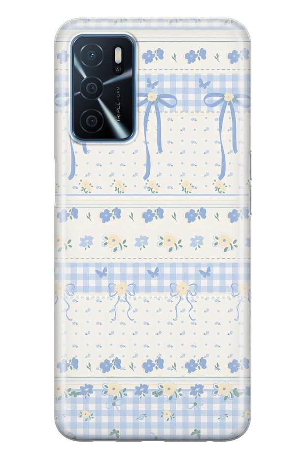 Oppo A16 / A55 Compatible Blue Bow and Floral Print Transparent Phone Case