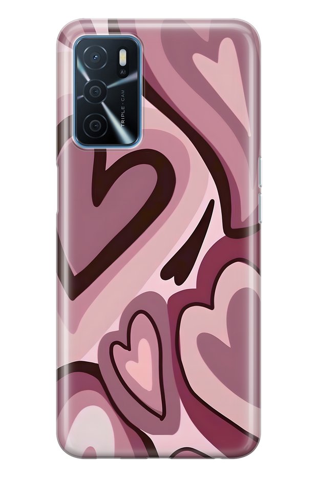 Oppo A16 / A55 Compatible Claret Red Heart Patterned Transparent Phone Case