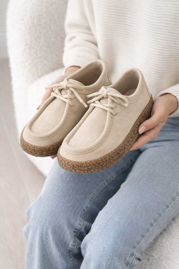 Melinta Ecru Suede Rubber Sole Women's Loafers Casual Shoes