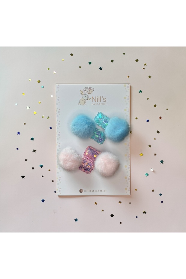Pompom and Sequin Detailed Buckle Set - Blue & Light Pink 4-Piece Set