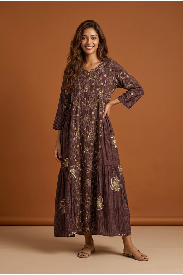 100 % Cotton – Ladies A-Line Maxi Middle Embroidered Floral Pattern Jalabiya