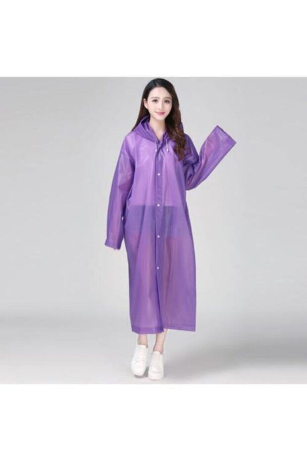 Unisex Purple Color Hooded and Snap Fastener Eva Raincoat