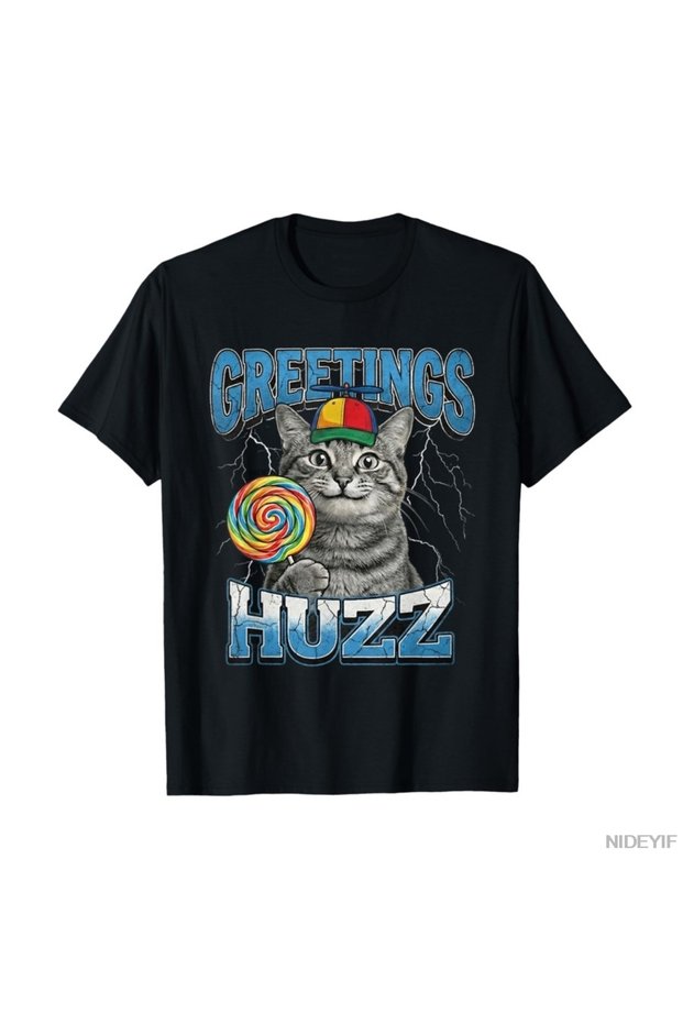 Greetings Huzz Funny Lollipop Cat Meme T-Shirt for Men Women 100% Cotton t Shirts Kıs