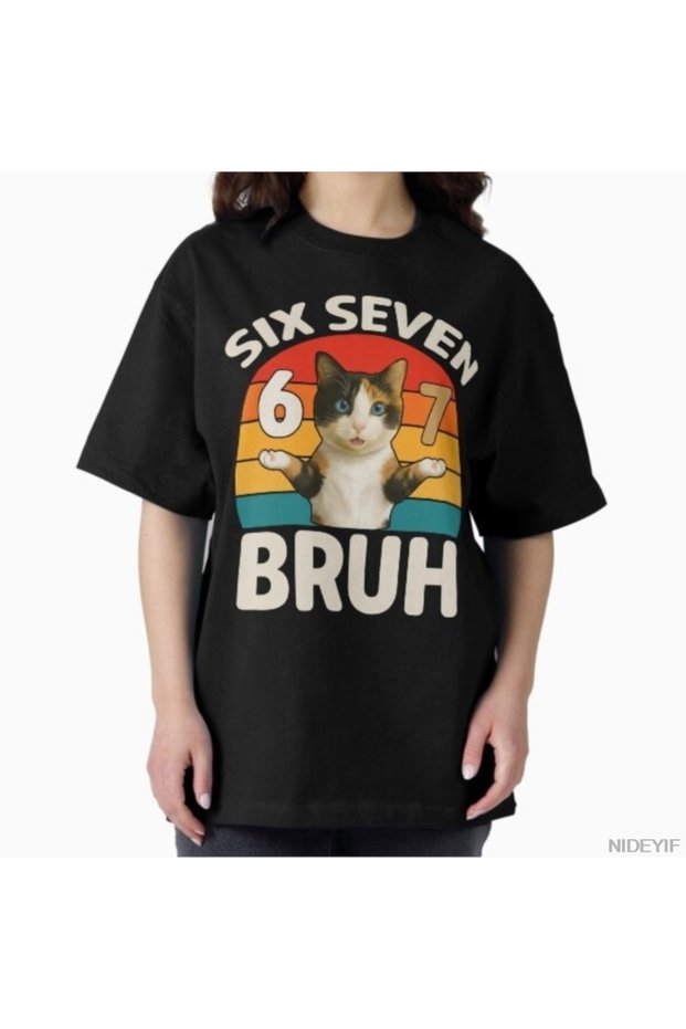 Funny Cat Meme Six Seven Bruh T-Shirt for Men Women 100% Cotton t Shirts Short Sleeve