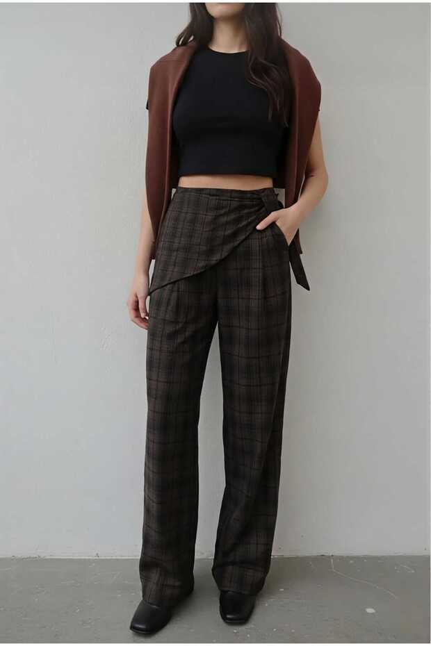 Women's Coffee Plaid Pattern Scarf Detailed Slim Summer Straight Cut Pants