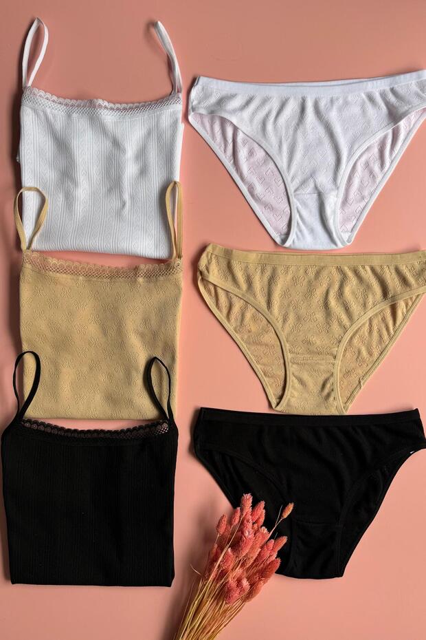 Zerafet 100% Cotton | 3-Piece Set of Lace Black, White and Skin Color Thin Strap Models of Tank Top and Underpants