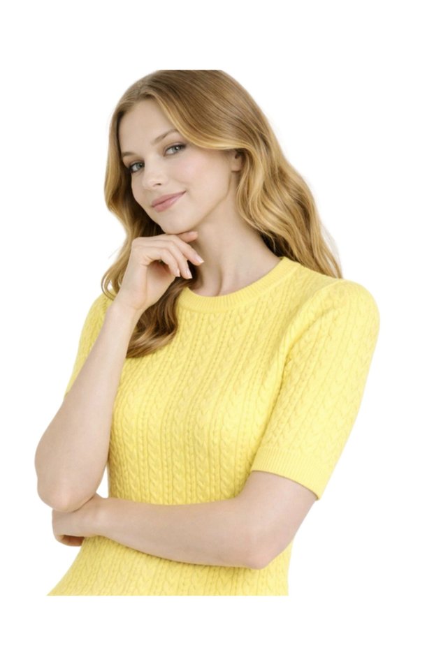 Women's Yellow Crew Neck Hair Knit Patterned Short Sleeve Knitwear Blouse