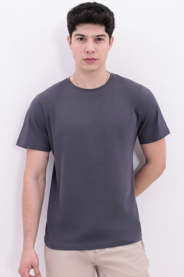 Men's Anthracite Basic T-Shirt – Regular Fit Crew Neck 100% Cotton 30/1 Single Jersey Fabric Casual T-Shirt