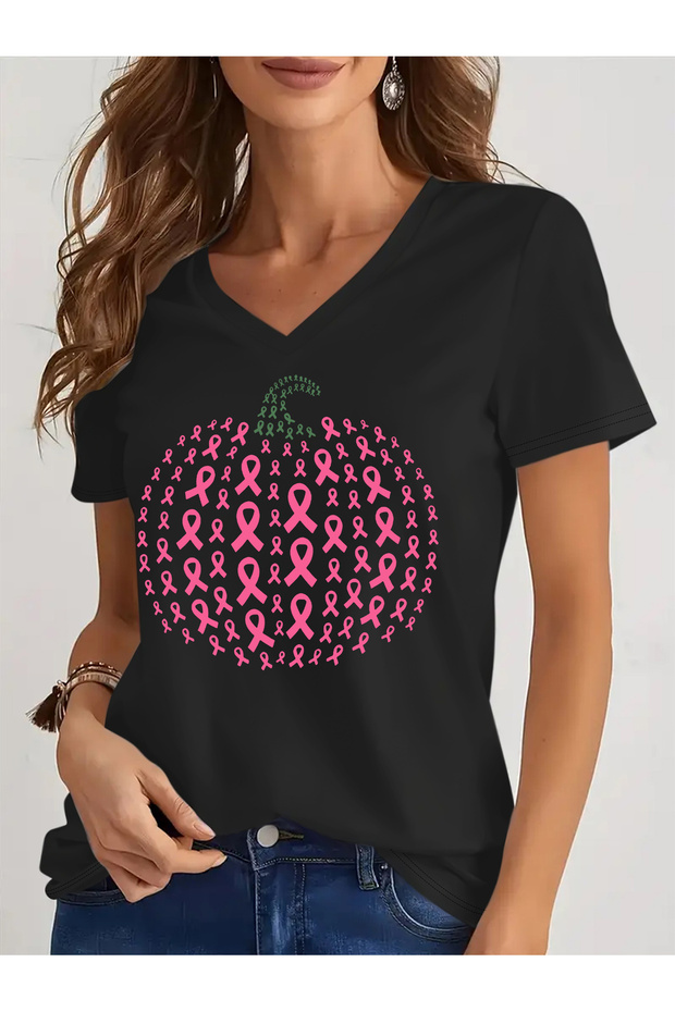 Women's Ribbon Awareness Printed V-Neck Sleeved Regular Fit T-Shirt