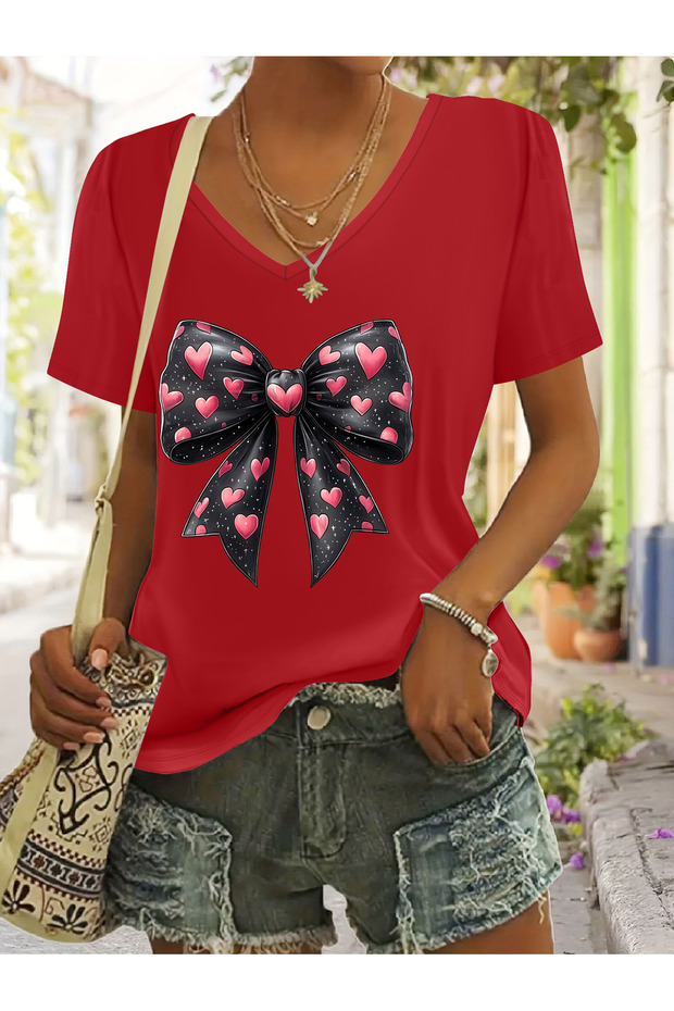Women's Ribbon Printed V-Neck Sleeved Regular Fit T-Shirt