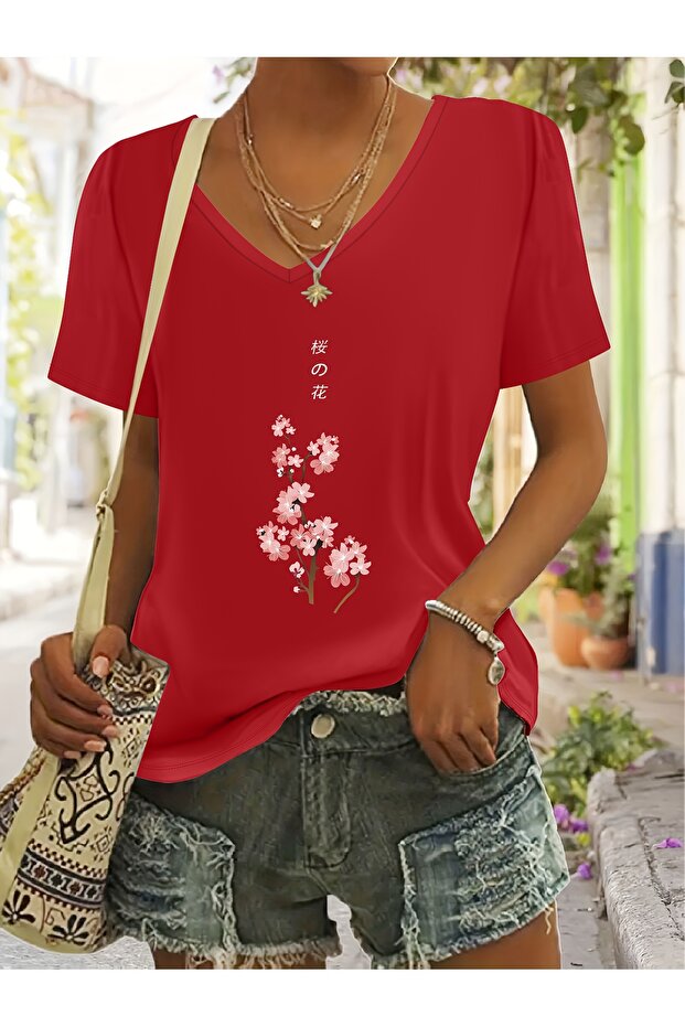 Women's Sakura Printed V-Neck Regular Fit T-Shirt with Sleeves