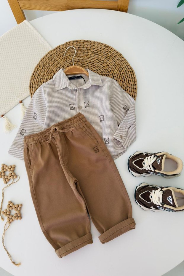 My Little One's Cicileri Bear Embroidered Striped Shirt and Pants Baby Boy Set - Brown