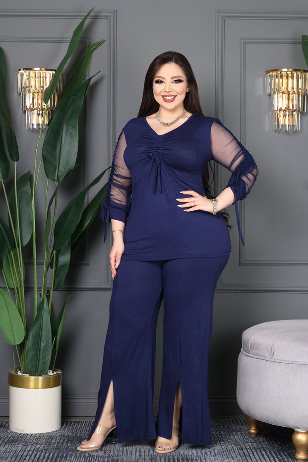 Plus Size Sleeves and Chest Gathered V-Neck Tulle Garnished Stylish Spanish Flare Detailed Two-Piece Set