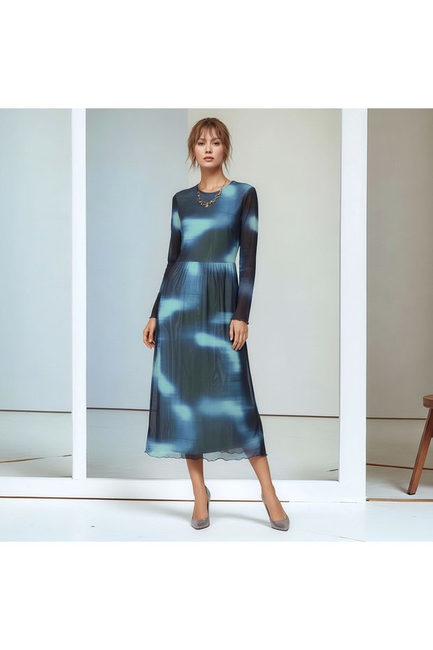 Women's Long Sleeve Maxi Long Length Stylish Stretchy Large Size Crew Neck Tie Dye Pattern Dress