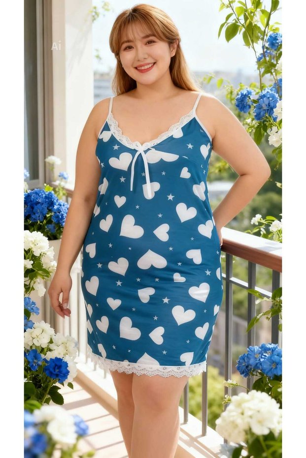 Battal Large Size Blue Color Heart Pattern Lace Detail Women Nightgown 3Xl-4Xl) Size Thin Summer Fabric