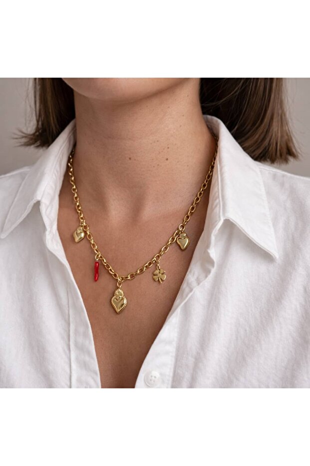 Heart Clover and Pepper Charm Chain Steel Gold Necklace