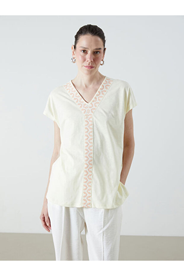 V Neck Embroidered Linen Look Blouse
