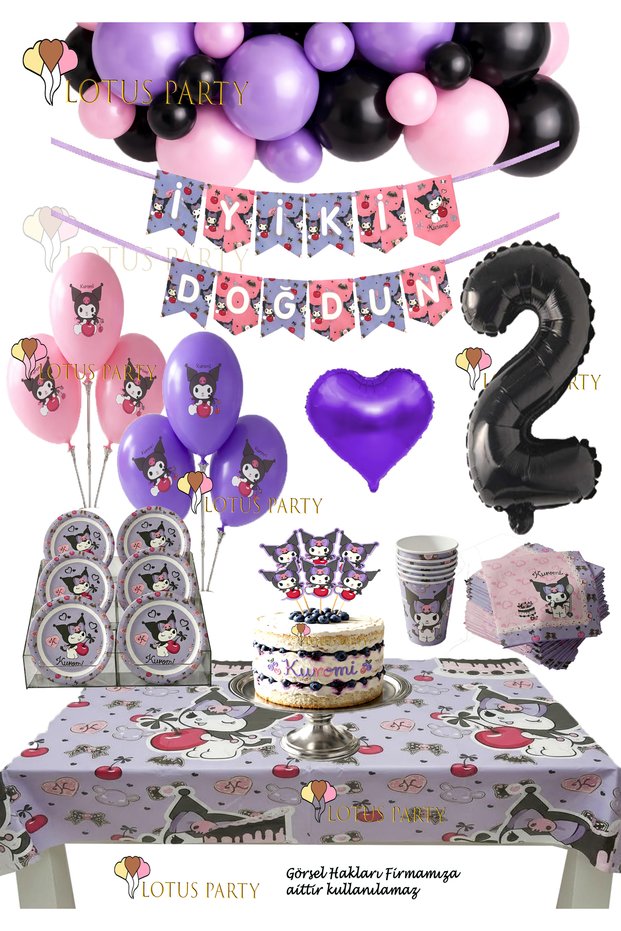 Licensed Kuromi Birthday Set - Kuromi Balloon - Napkin Kuromi Plate Cup Kuromi Balloon Age 2