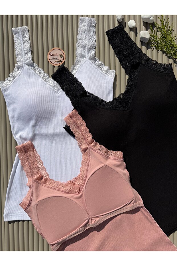Women's 3-Pack Modal Fabric Bras with Lace V-Neck Black, White, Powder Color Undershirts - Blouse
