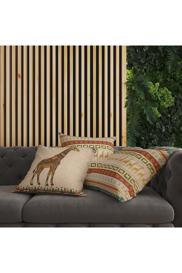 African Themed Giraffe Patterned Boho Ethnic 3-Piece Digital Print Piece Decorative Sofa Cushion Cover