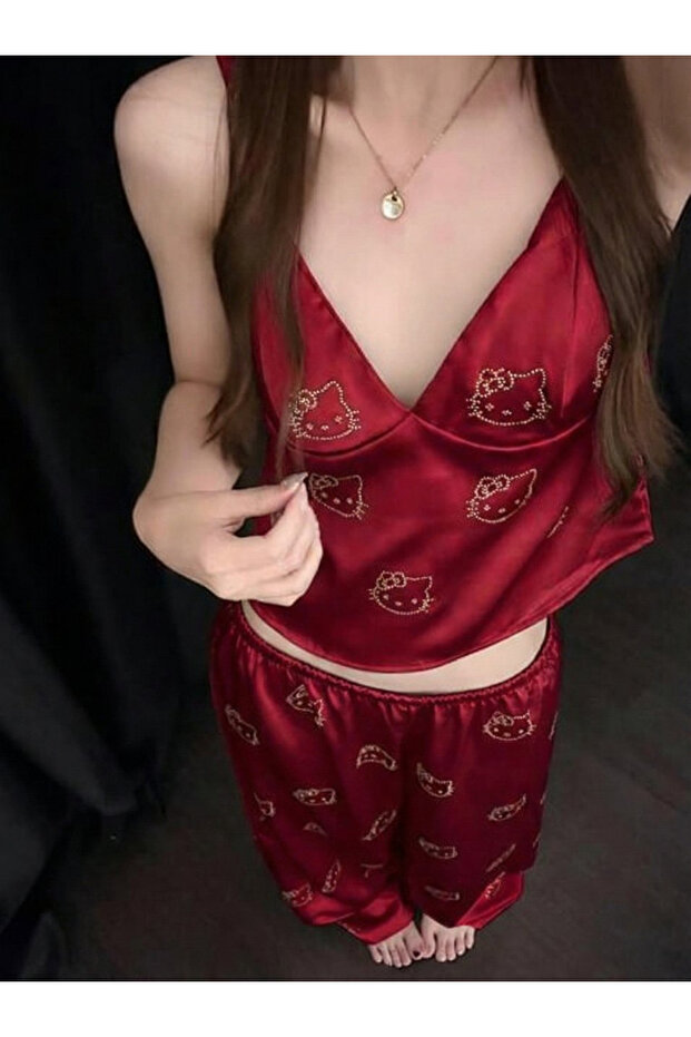 Kitty Stone Detailed Satin Homewear Pajama Set
