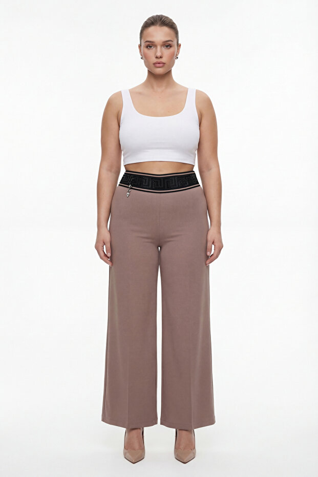Women's Mink Summer Waist-Tied Trousers with Ribbed Stone Accessories and Piping Legs