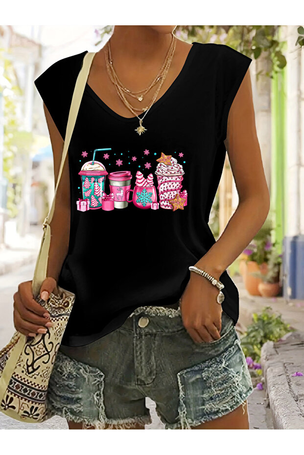 Women's Coffee Printed V-Neck Sleeveless Regular Fit Casual T-Shirt