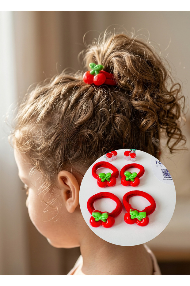 2 Pairs 6 Pieces Cherry Girl's Hair Clip Set | 4 Pcs: Cherry Lacing Buckle and 2 Pcs Cherry Snap Buckle