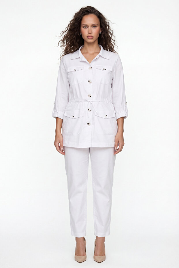 Women's White Summer Dress with Elastic Waist and Belted Buttons Top and Bottom Set