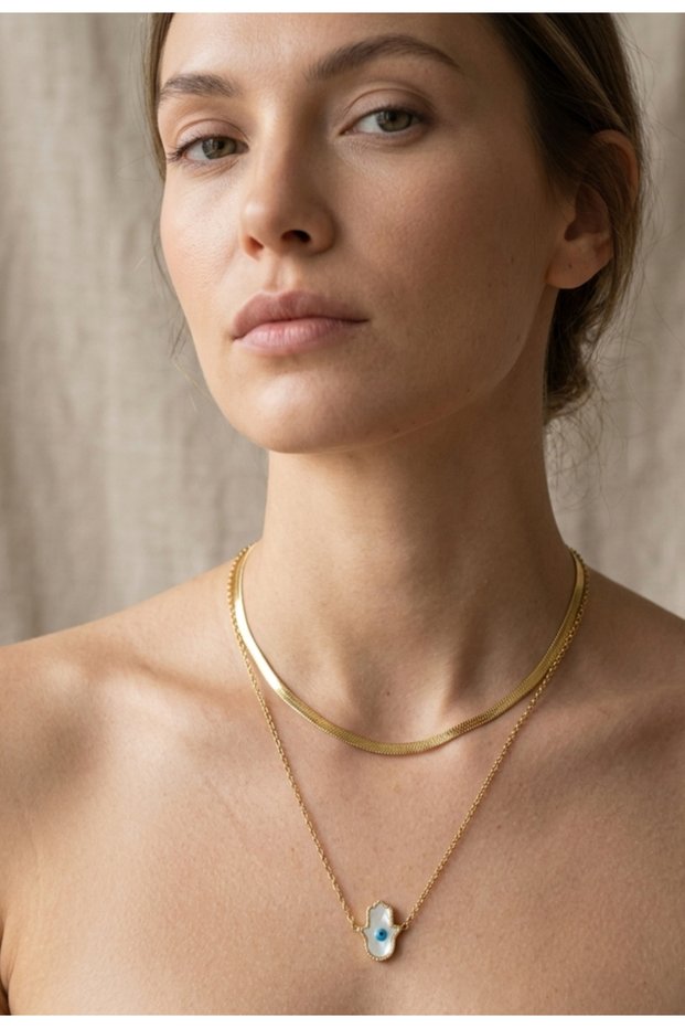 Fatma Ana Eli Pearlescent and Italian Crushed Chain Double Necklace Combination in Gold Color