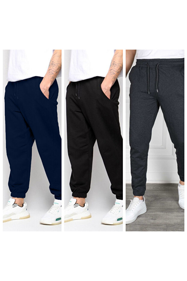 Set of 3 Elasticated Hem Men's Sweatpants (Regenerated Fabric)