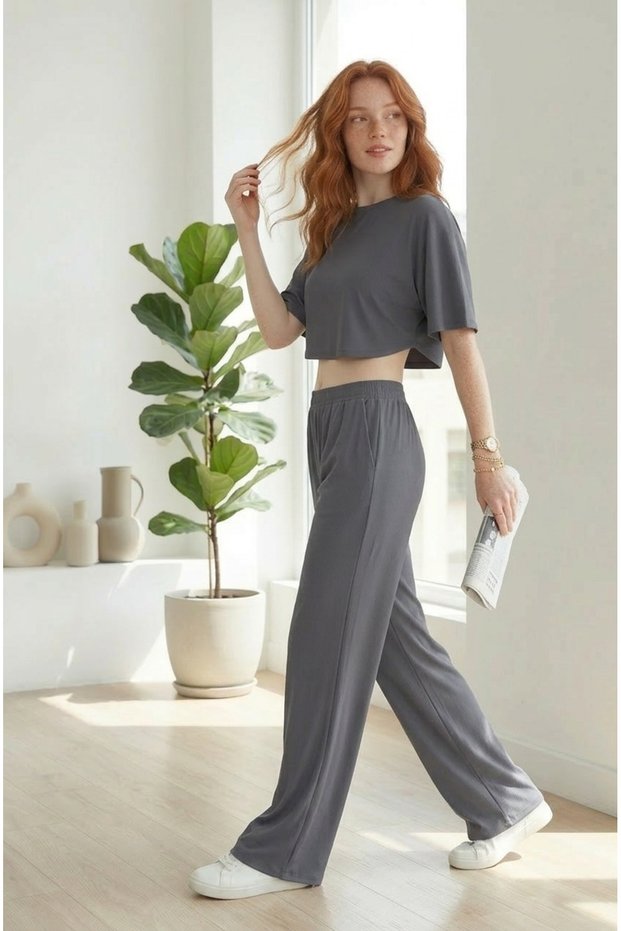 Women Batwing Sleeve Cropped Top- Baggy Pants Double Set