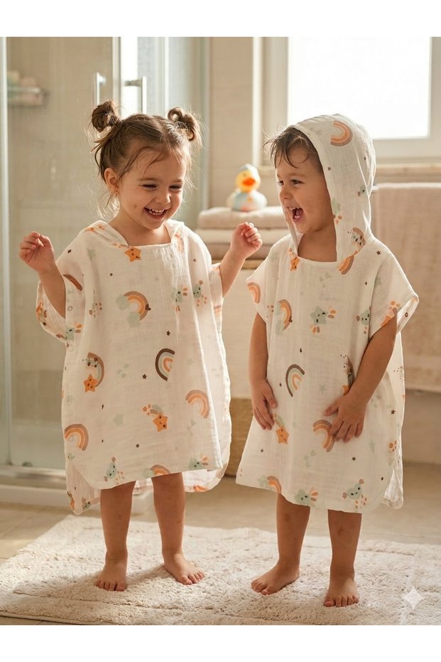 100% Cotton Muslin Hooded Beach Children's Baby Poncho Bathrobe Bath Towel with Side Straps for Ages up to 8