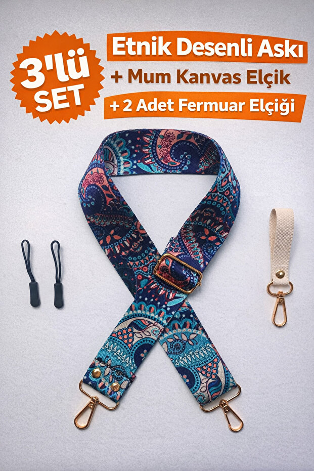 Ethnic Patterned Bag Hanger + Candle Canvas Hanger + 2 Black Zipper Hangers Set of 3 125 cm
