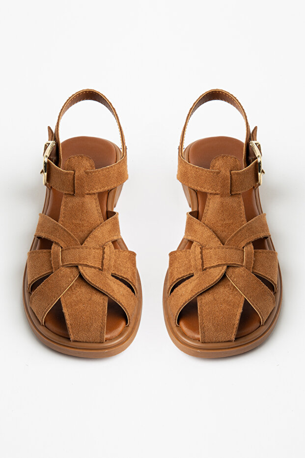 Olive Women's Ankle Strap Buckled Closed Front Suede Casual Sandals Tan Suede