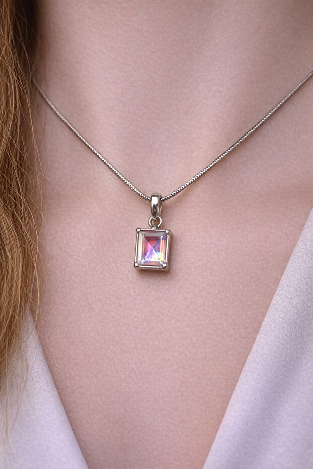 Xiavy Quadrilateral White Sparkling Silver Color Chain Stainless Steel Necklace