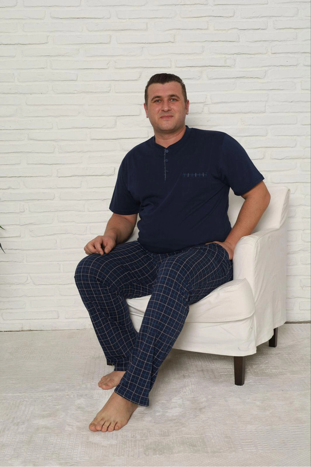 Men's Plus Size under Plaid Patterned Navy Blue Pajama Set