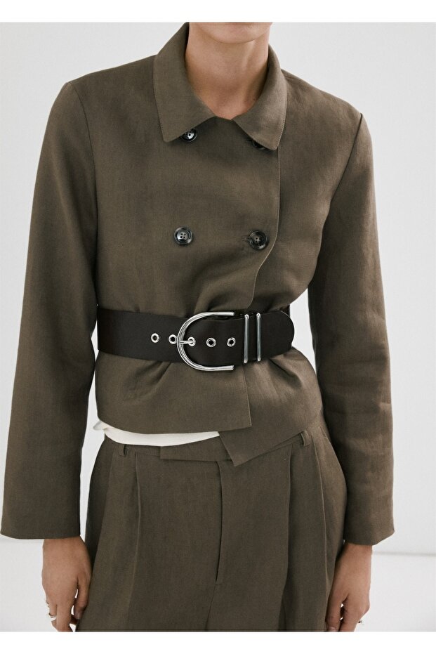 Çift düğmeli keten blazer ceket - 7