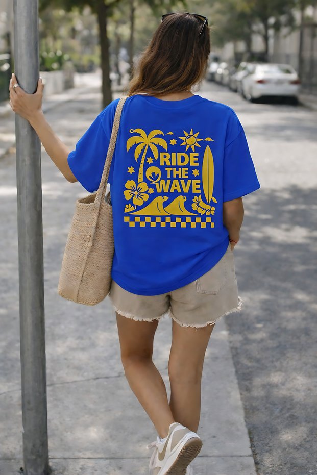 Ride the Wave Surf Printed Unisex Oversized T-Shirt - Pack of Cotton Crew Neck Casual Streetwear T-Shirts