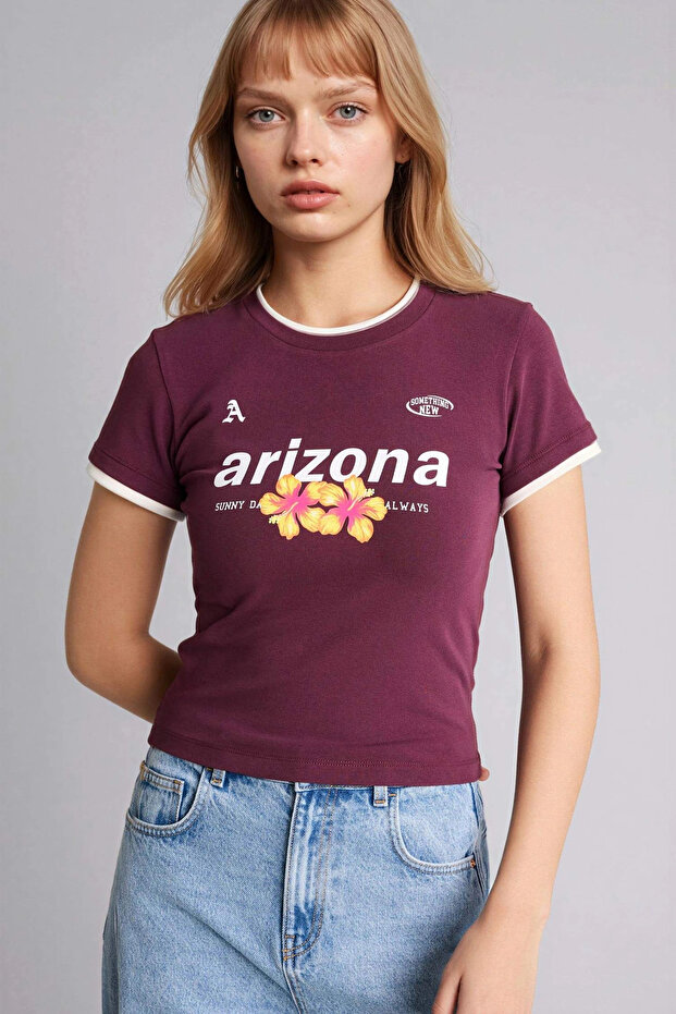 G2511Axbr232 Claret Red Fitted Printed Rib Knit T-Shirt