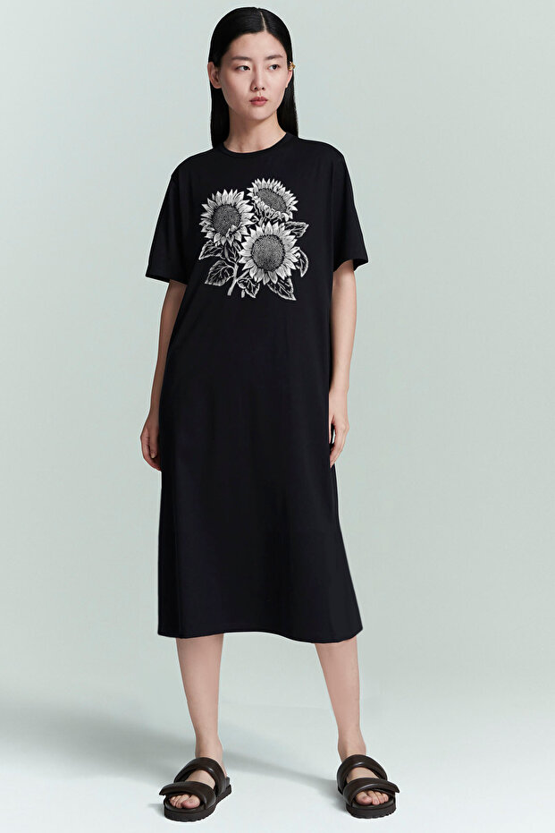 Summer Flowers Black Crew Neck Short Sleeve Combed Cotton Long Dress