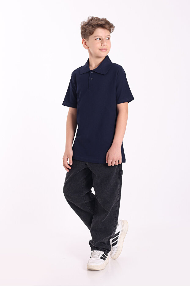Unisex Children's Basic Plain Pique Short Sleeve Polo Neck School T-Shirt 5-16 Years Old Navy Blue